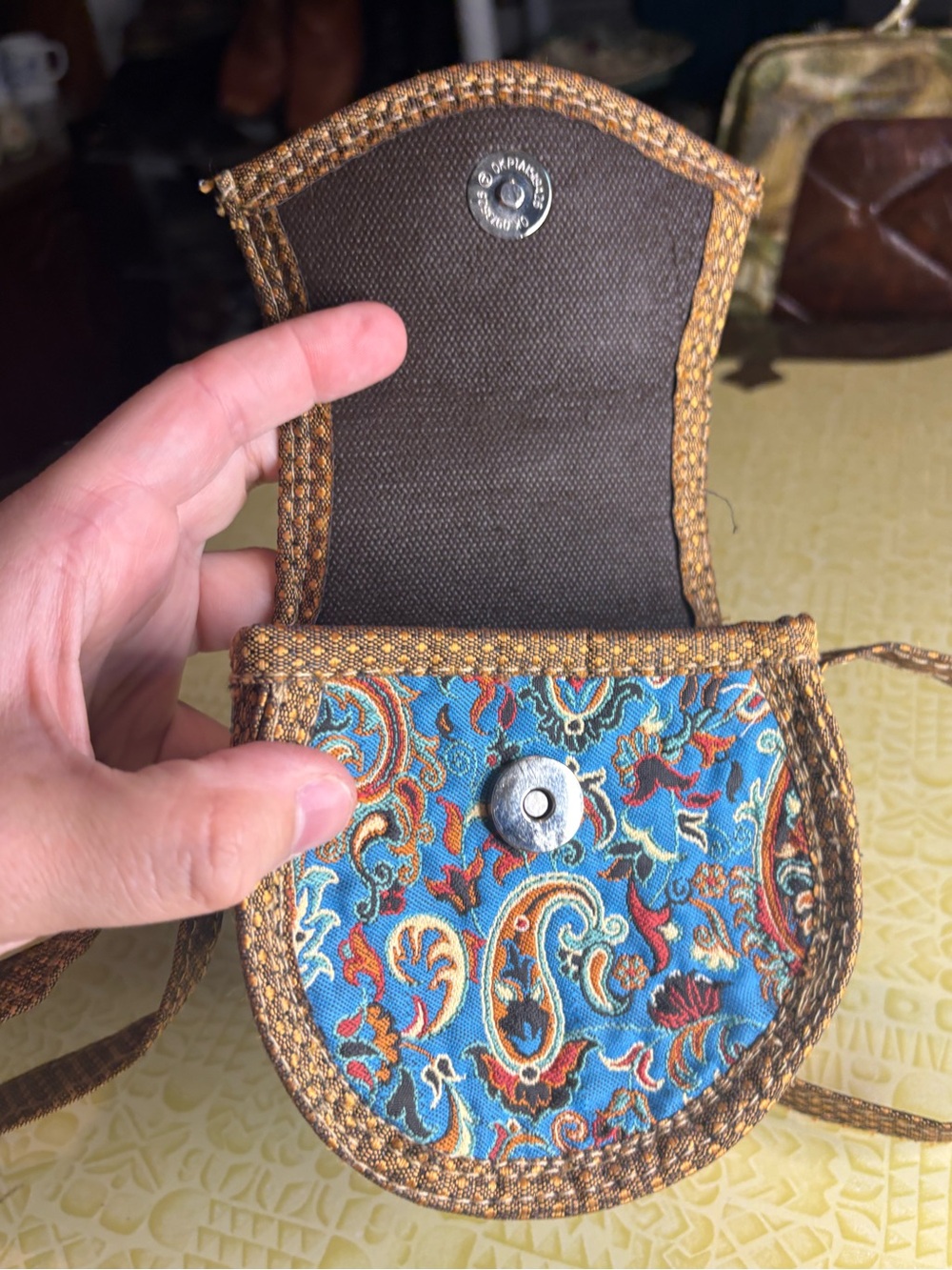 Handcrafted Blue Paisley Crossbody Bag with Brown Trim - Picture 5 of 9
